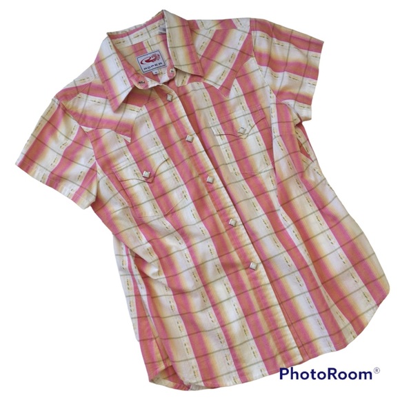 Roper Tops - Roper Women’s Pink Plaid Pearl Snap Button Short Sleeve Western Shirt